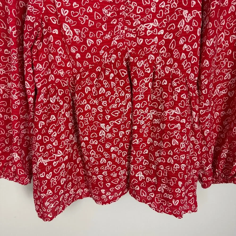 Loft Cotton Blend Heart Allover Print Peplum Blouse Balloon sleeve Size 6